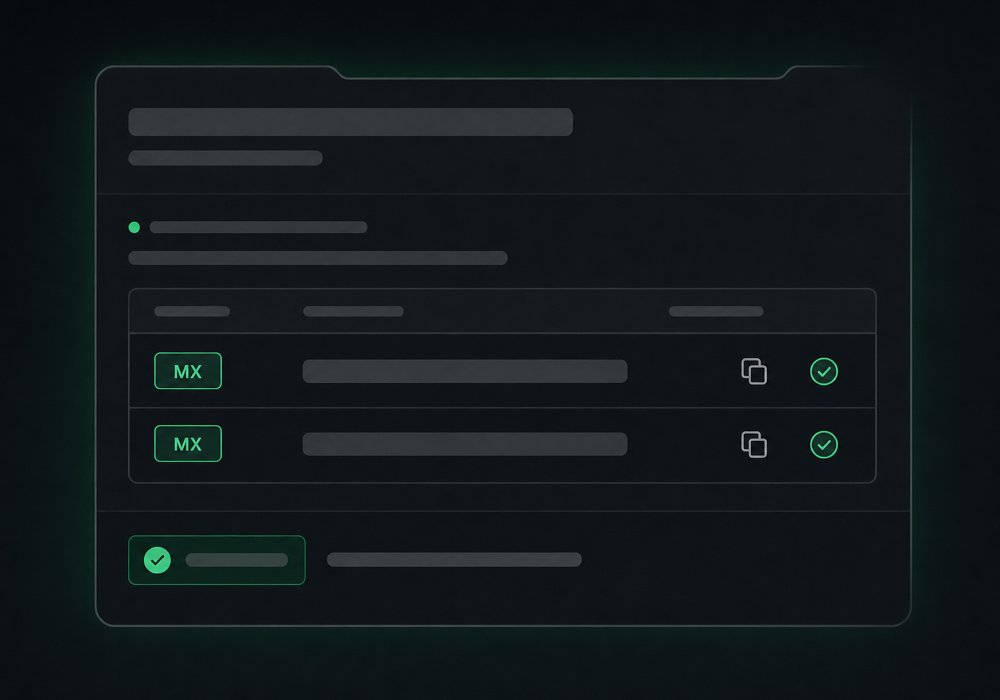 A registrar DNS panel with two MX records being added so the domain's email is delivered correctly