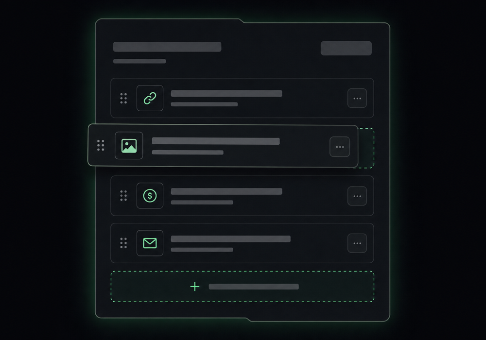 Block editor for a link-in-bio page with link, embed, tip, and email-signup blocks being reordered