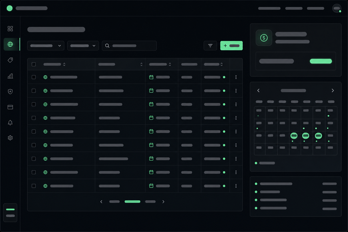 Naymo Portfolio dashboard listing owned domains with renewal dates, costs, and overpay flags